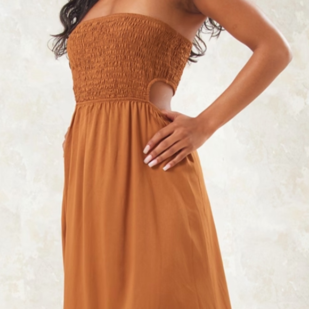 RUST SHIRRED BUST CUT OUT BACK MAXI (Ankle Length ) DRESS